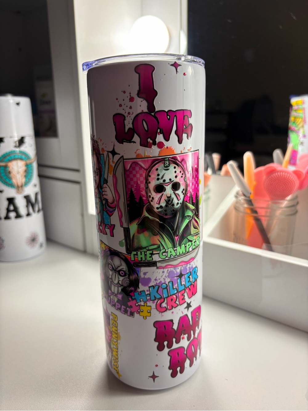 White and Pink Horror Camper Stainless Tumbler
